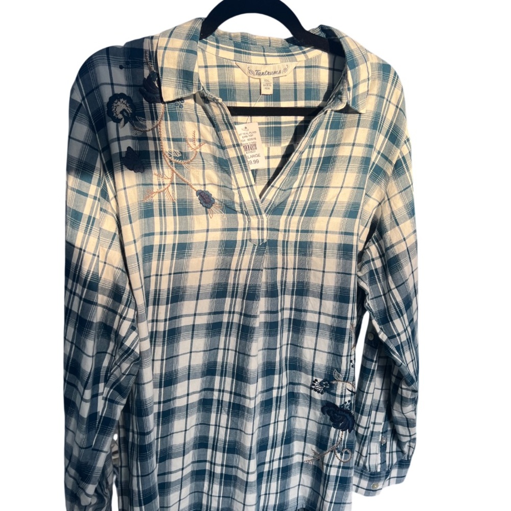 Tantrums Teal and White Plaid Embroidered Blouse
